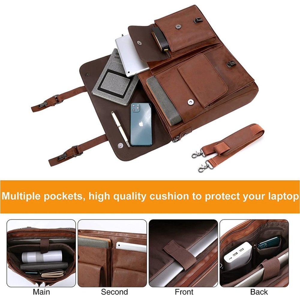 PU Leather Messenger Bag for Men, Vintage Leather Laptop Bag, 17.3 Inch - Picture 2 of 6